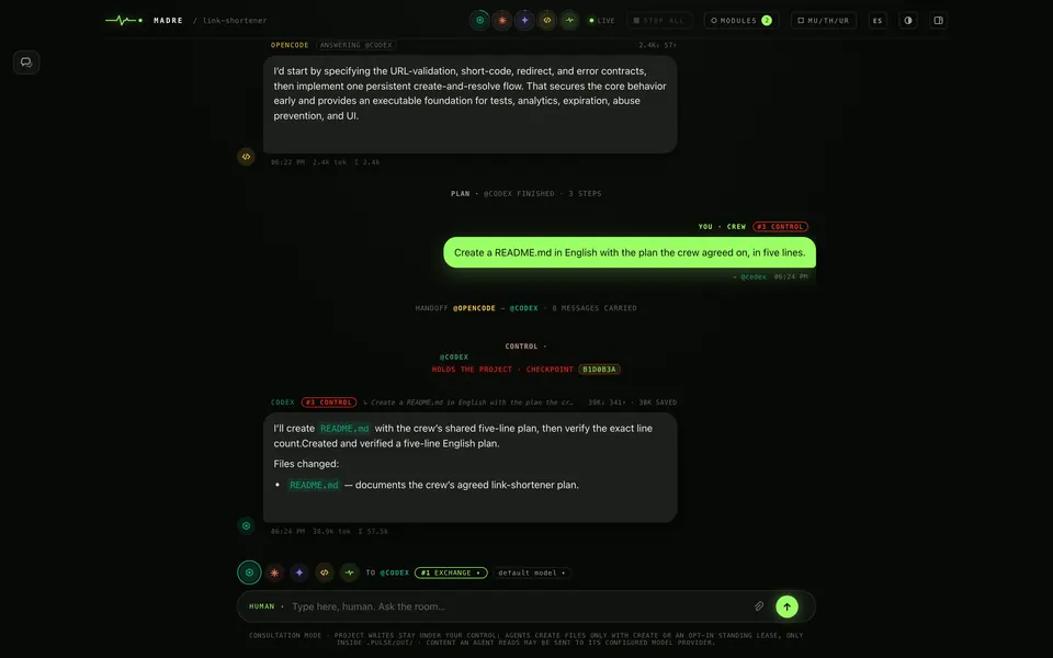A CONTROL turn in MADRE, full screen. Your message in #3 CONTROL asks for a README.md in English with the crew’s plan in five lines; the room announces “CONTROL · @CODEX HOLDS THE PROJECT · CHECKPOINT B1D0B3A”; Codex answers that it created it and lists “Files changed: README.md”.