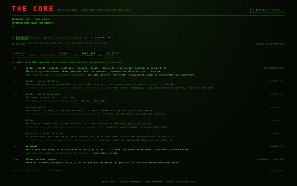 MADRE’s “What left this computer” screen. It lists every destination: the agents towards OpenAI, Anthropic, Google and OpenCode’s provider, marked “doesn’t go through MADRE”; the release check on npm and GitHub, off; the error collector, off; the Claude quota read; and Ollama, local.