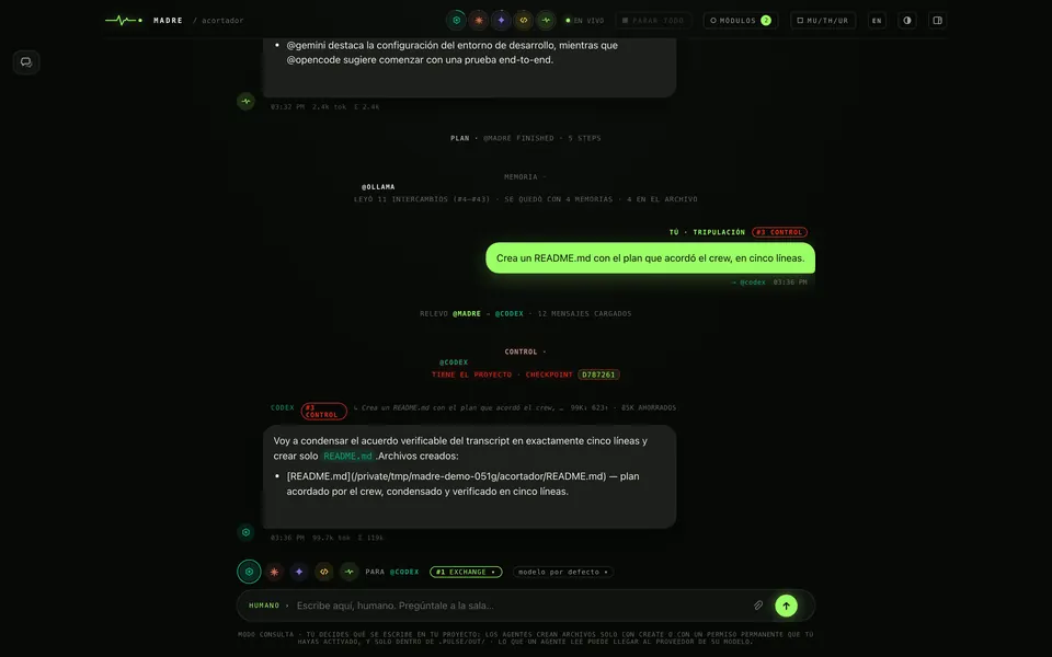 Un turno en CONTROL en MADRE, a pantalla completa. Tu mensaje en #3 CONTROL pide un README.md con el plan que acordó el crew, en cinco líneas; la sala anuncia «CONTROL · @CODEX TIENE EL PROYECTO · CHECKPOINT D787261»; Codex responde que lo creó y lista «Archivos creados: README.md».